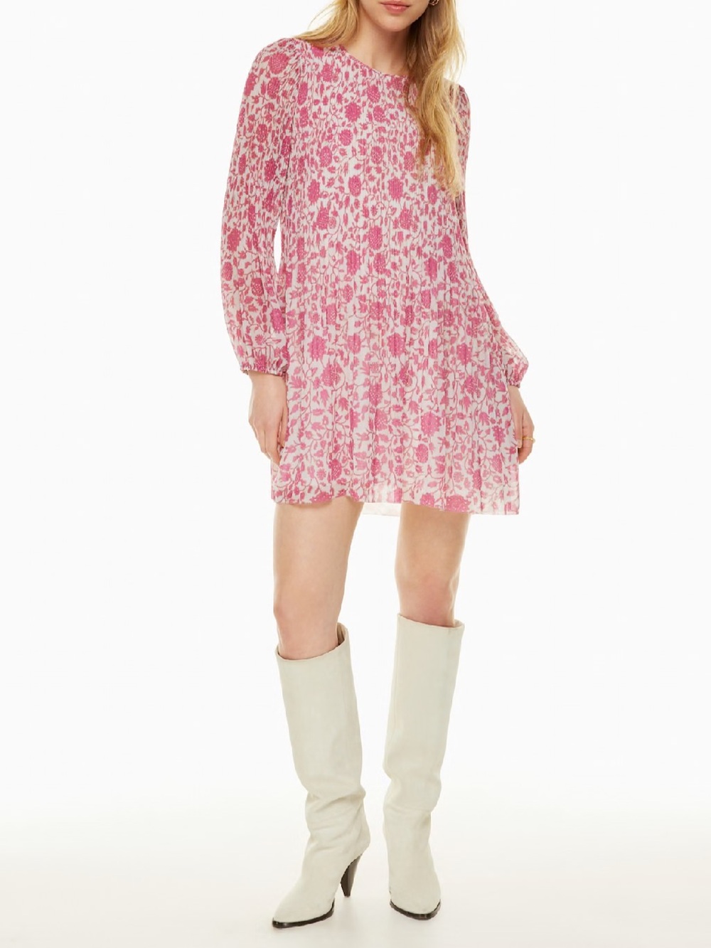 Aritzia Wilfred Daydreamer Floral Pleated Mini Dress in Bright Rose Size XS